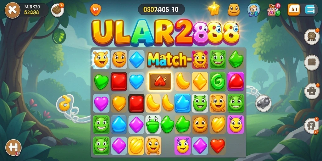 Tampilan gameplay seru ULAR288 dengan kombinasi warna-warni dari item Match-3.